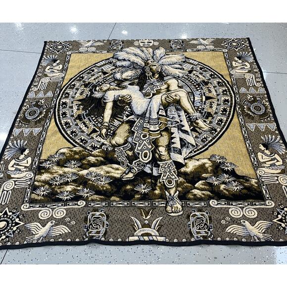 Tlaxcala Textiles Mayan Warrior Princess Blanket Yellow/Black 85 1/2” X 81” In. - Picture 1 of 10